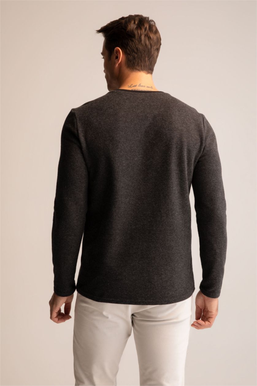 Erkek Antrasit Melanj Slim Fit Bisiklet Yaka Uzun Kollu Basic Tişört