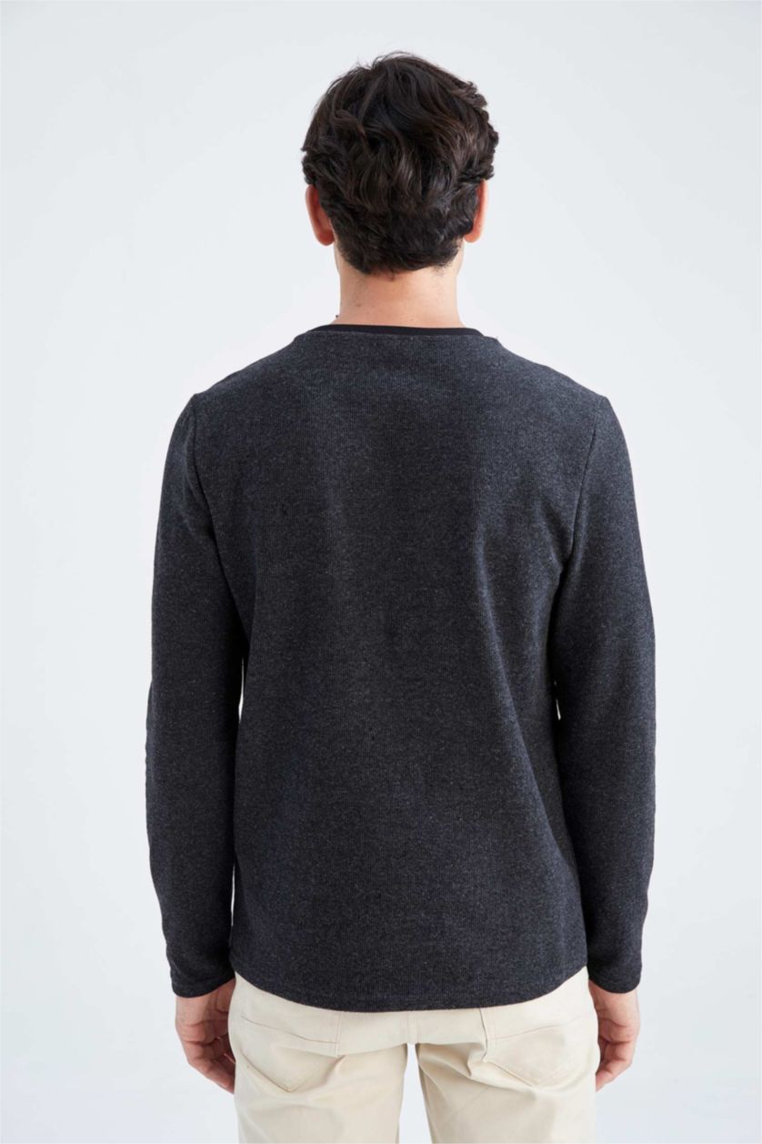 Erkek Antrasit Melanj Slim Fit Bisiklet Yaka Uzun Kollu Basic Tişört