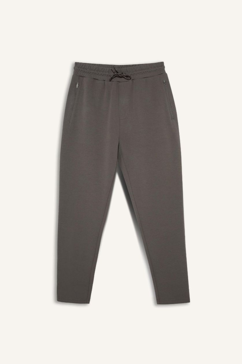 Erkek Koyu Gri Slim Fit Dar Kesim Fermuarlı Standart Paça Jogger Eşofman Altı