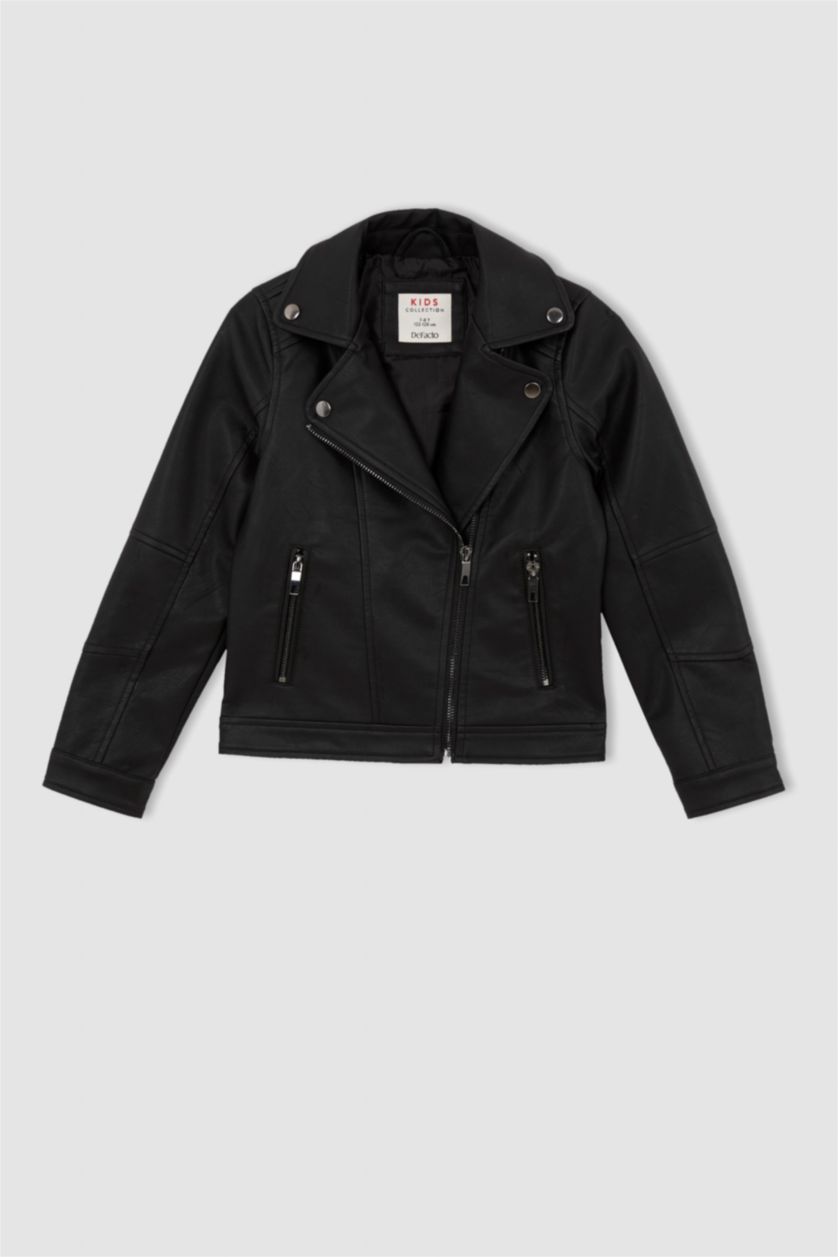 بناتي أسود جاكيت بناتي جلد صناعي بسوسته