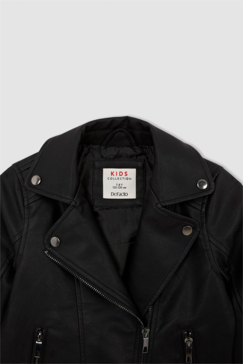 بناتي أسود جاكيت بناتي جلد صناعي بسوسته