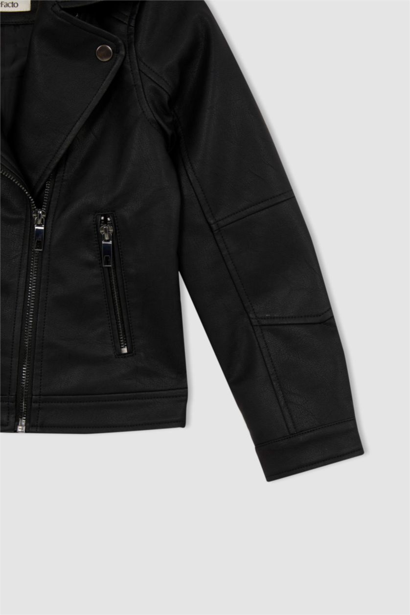 بناتي أسود جاكيت بناتي جلد صناعي بسوسته