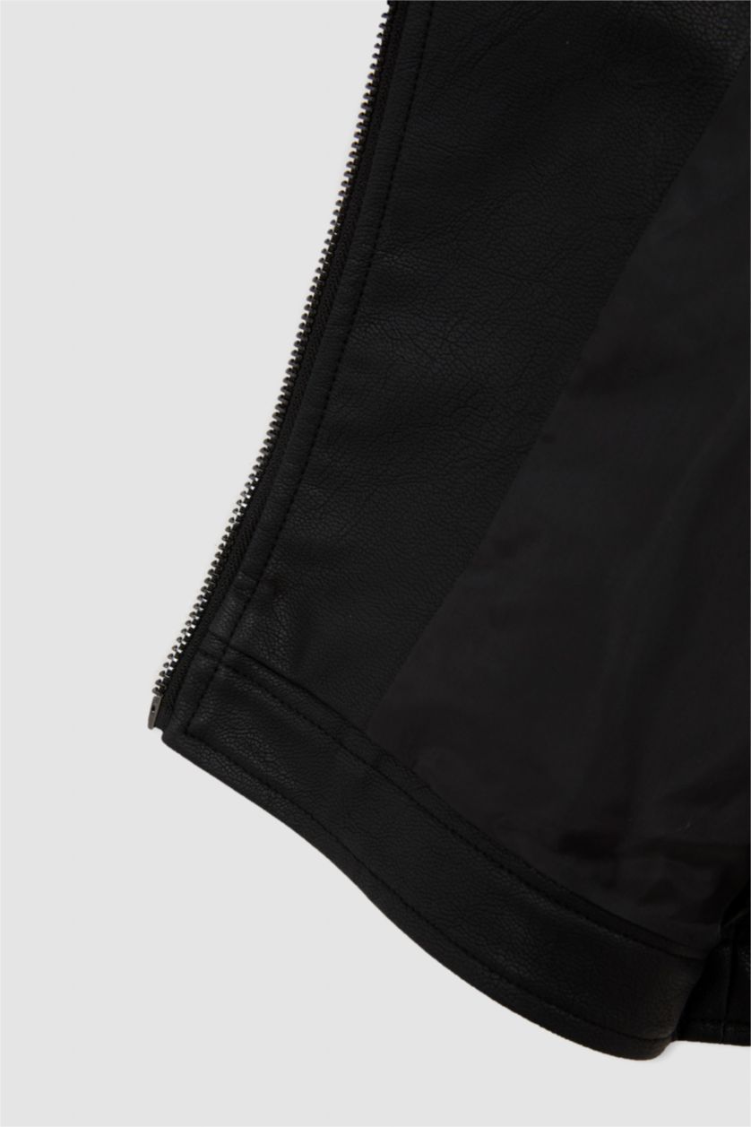 بناتي أسود جاكيت بناتي جلد صناعي بسوسته