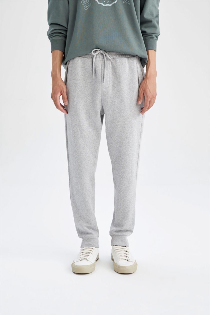 MAN Grey Melange Slim Fit Rib Hem Zipper Pocket Thin Sweatshirt Fabric Trousers