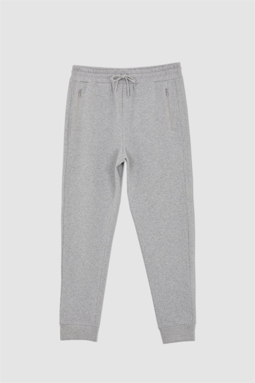 MAN Grey Melange Slim Fit Rib Hem Zipper Pocket Thin Sweatshirt Fabric Trousers