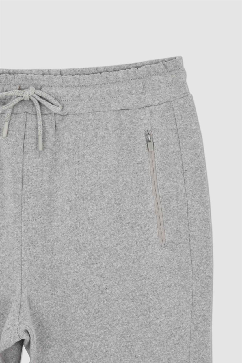 MAN Grey Melange Slim Fit Rib Hem Zipper Pocket Thin Sweatshirt Fabric Trousers