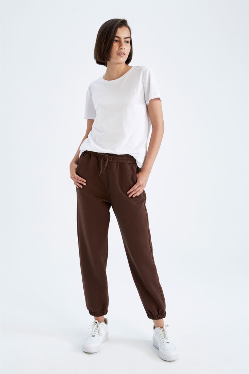 WOMAN Brown Jogger Standard Fit Thick Sweatshirt Fabric Trousers