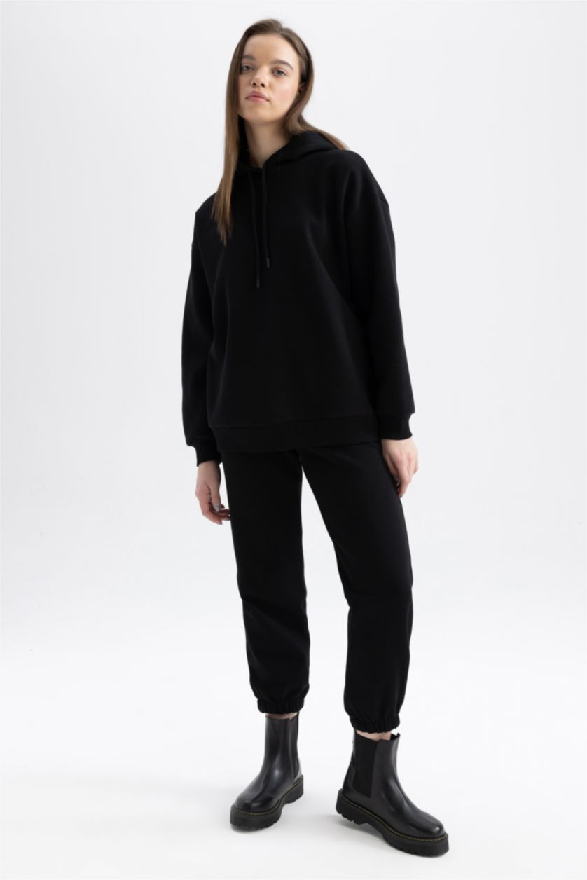 WOMAN Black Jogger Standard Fit Thick Sweatshirt Fabric Trousers