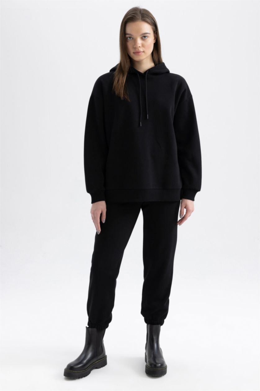 WOMAN Black Jogger Standard Fit Thick Sweatshirt Fabric Trousers
