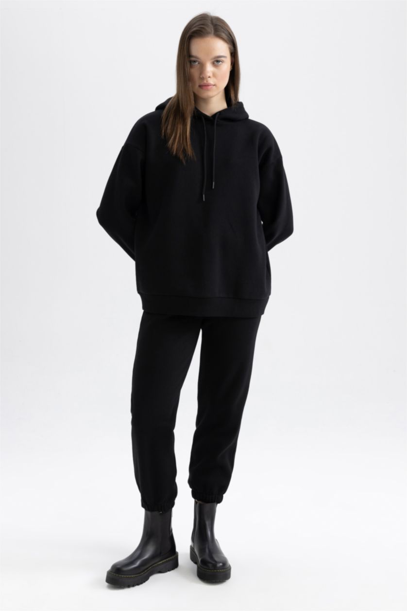 WOMAN Black Jogger Standard Fit Thick Sweatshirt Fabric Trousers