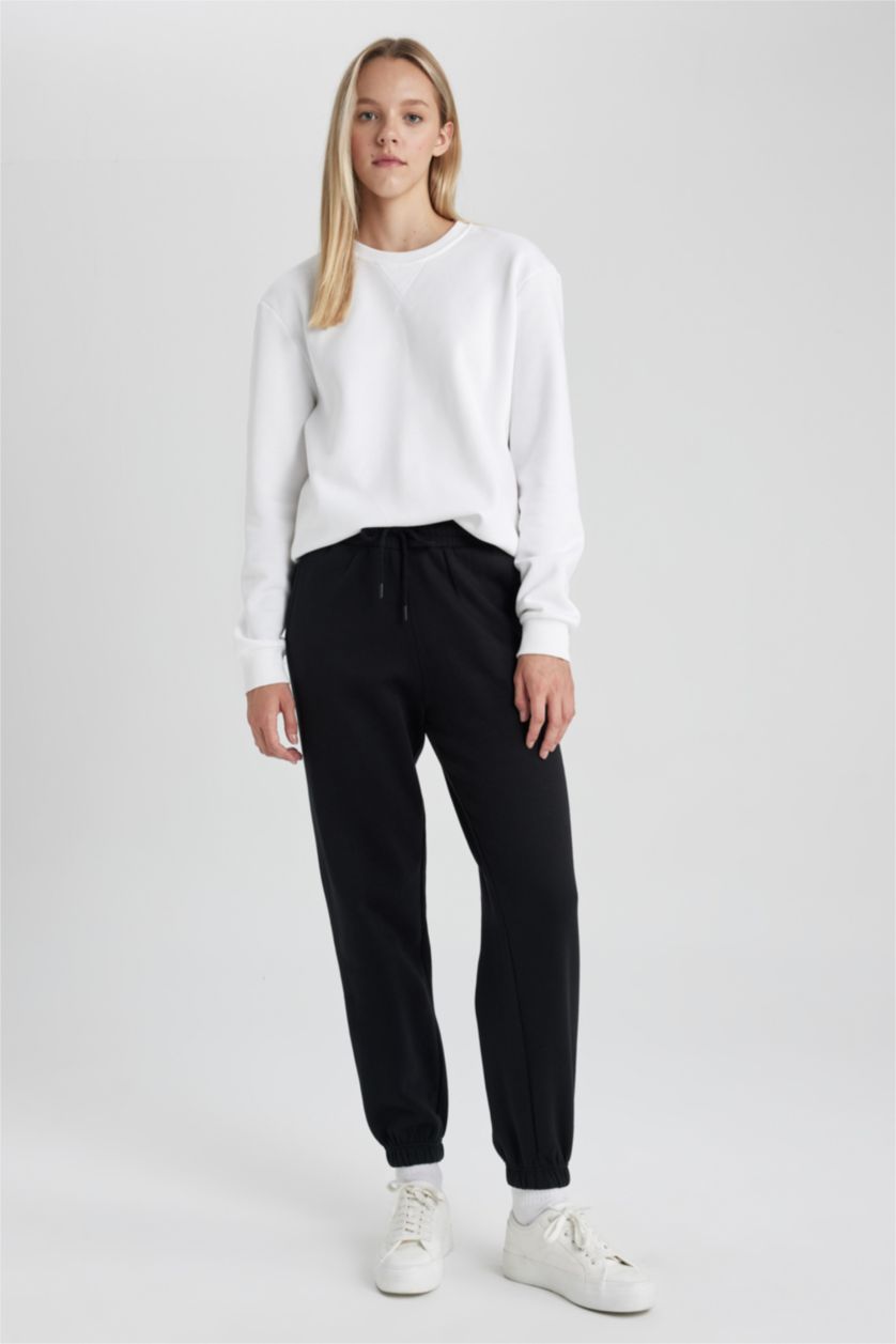 WOMAN Black Jogger Standard Fit Thick Sweatshirt Fabric Trousers