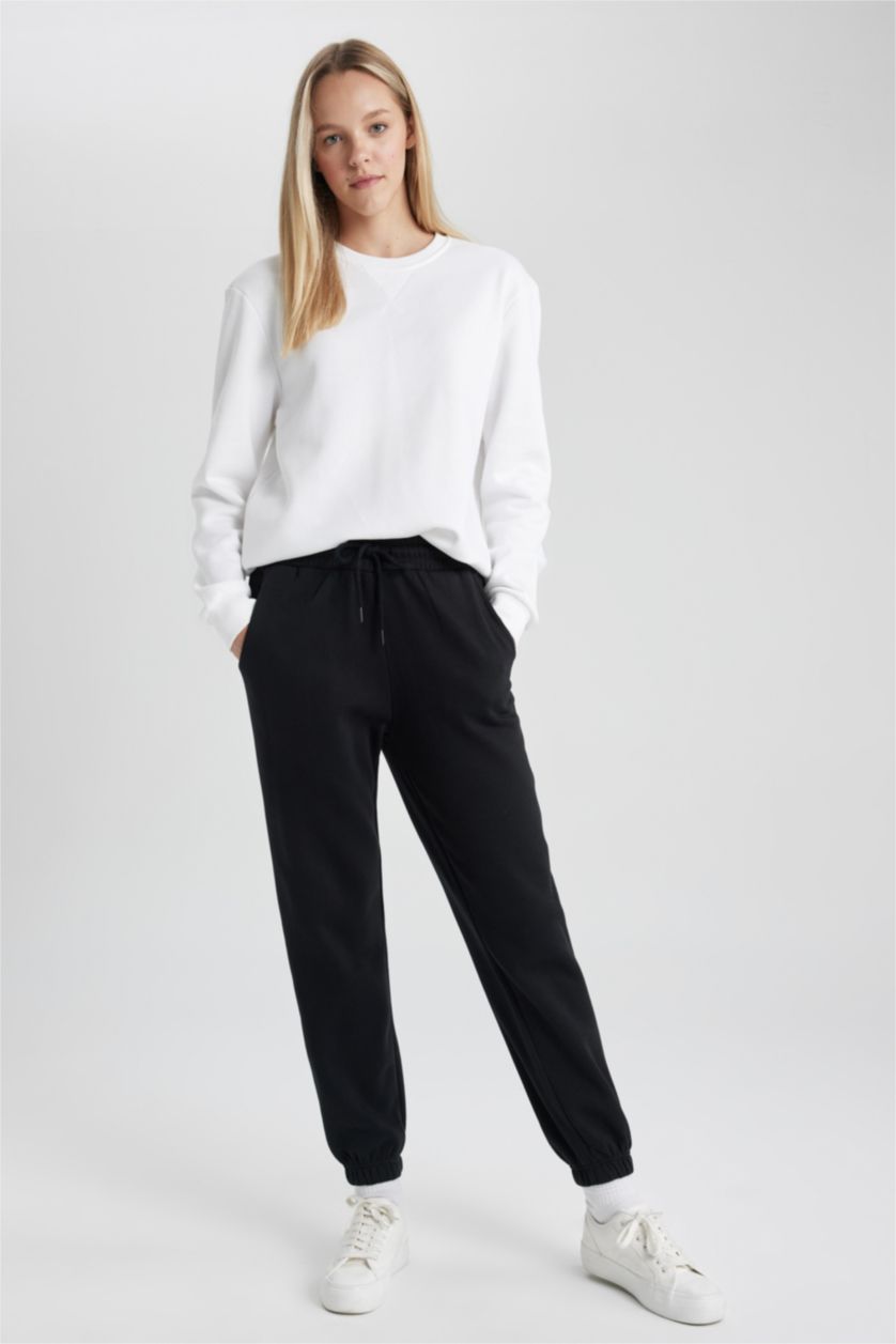 WOMAN Black Jogger Standard Fit Thick Sweatshirt Fabric Trousers