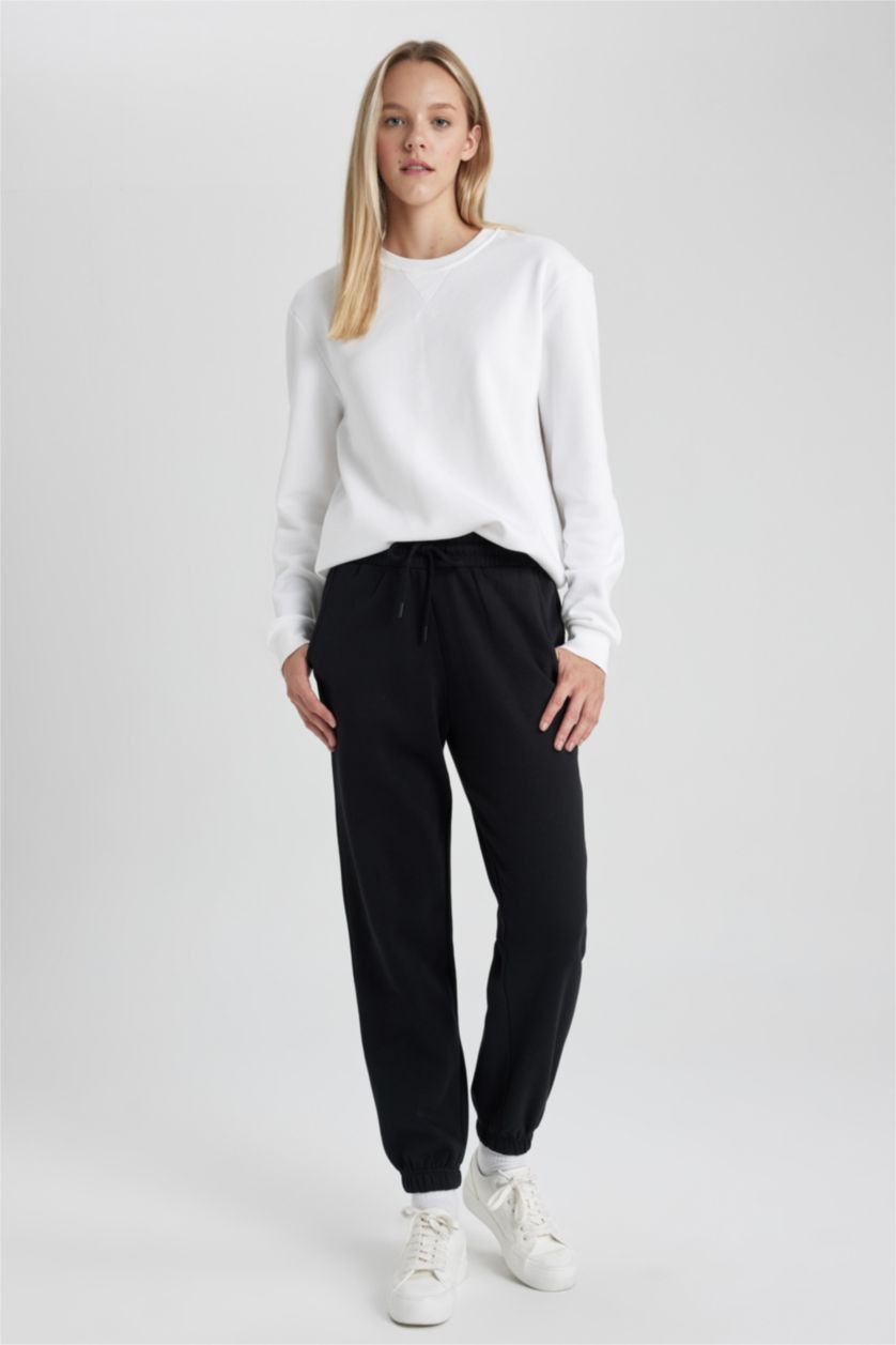 WOMAN Black Jogger Standard Fit Thick Sweatshirt Fabric Trousers