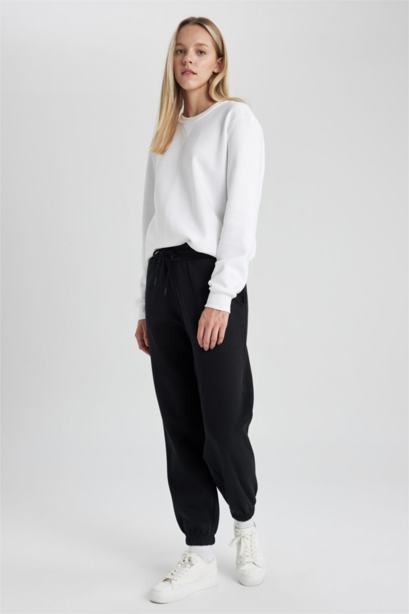 WOMAN Black Jogger Standard Fit Thick Sweatshirt Fabric Trousers