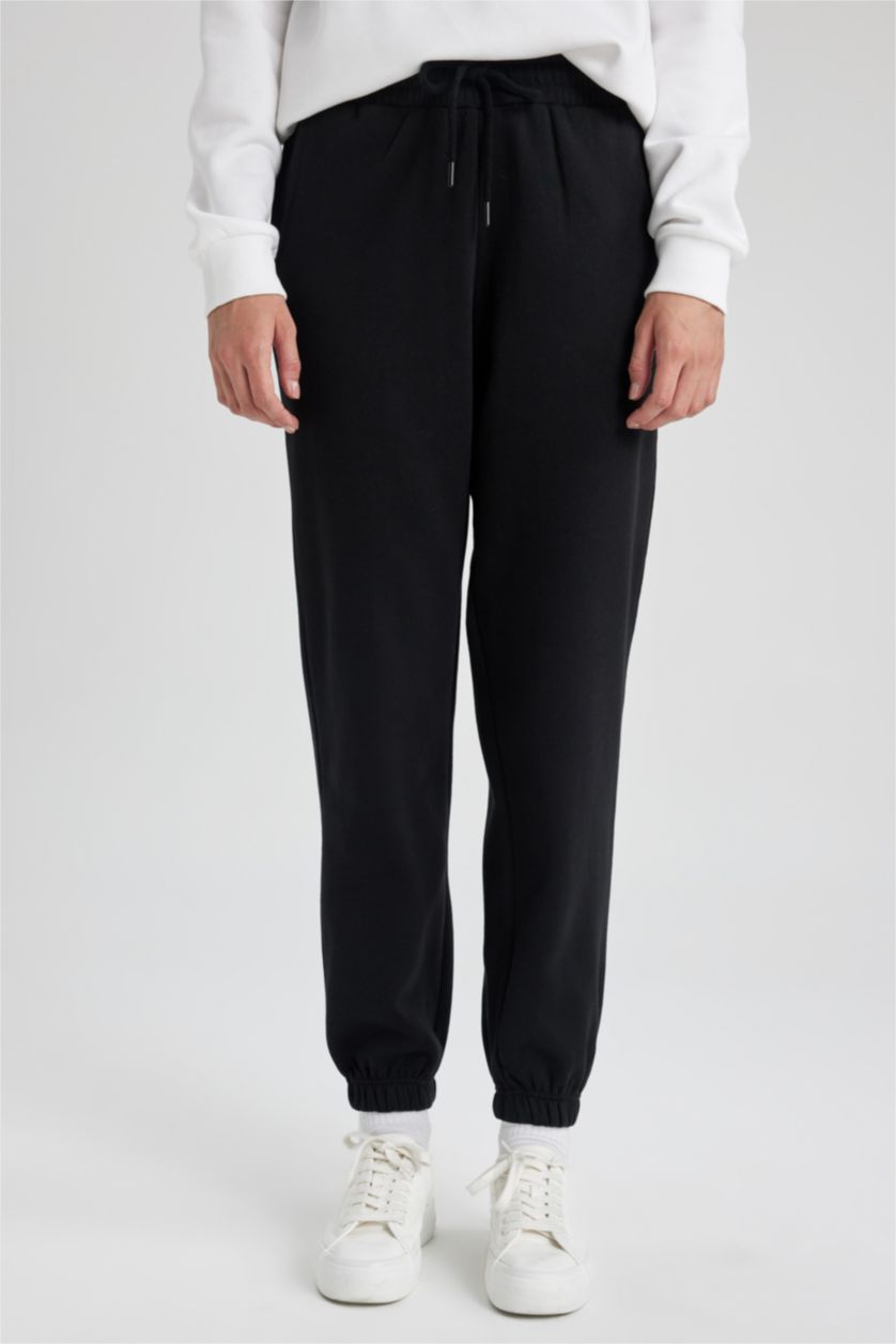 WOMAN Black Jogger Standard Fit Thick Sweatshirt Fabric Trousers