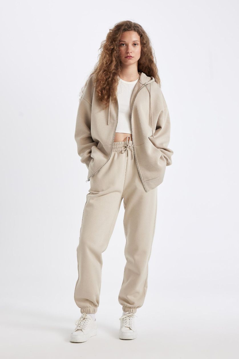 WOMAN Beige Standard Fit Elastic Leg Long Thick Sweatpants