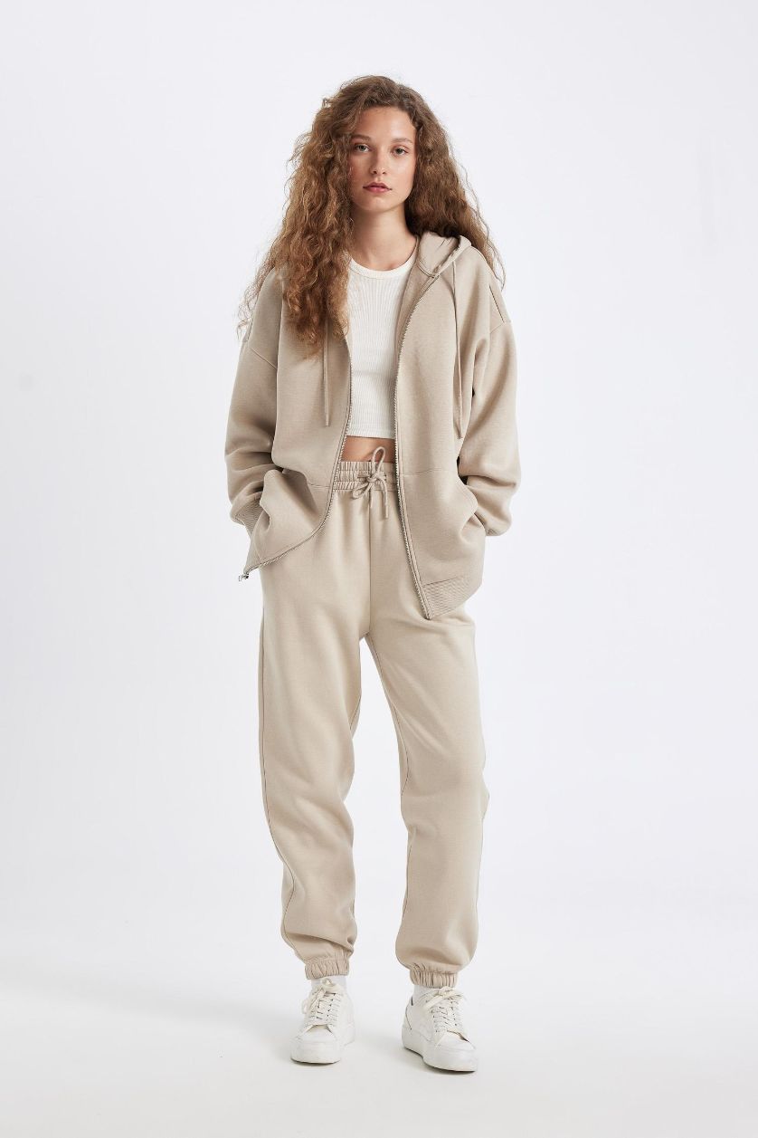 WOMAN Beige Standard Fit Elastic Leg Long Thick Sweatpants
