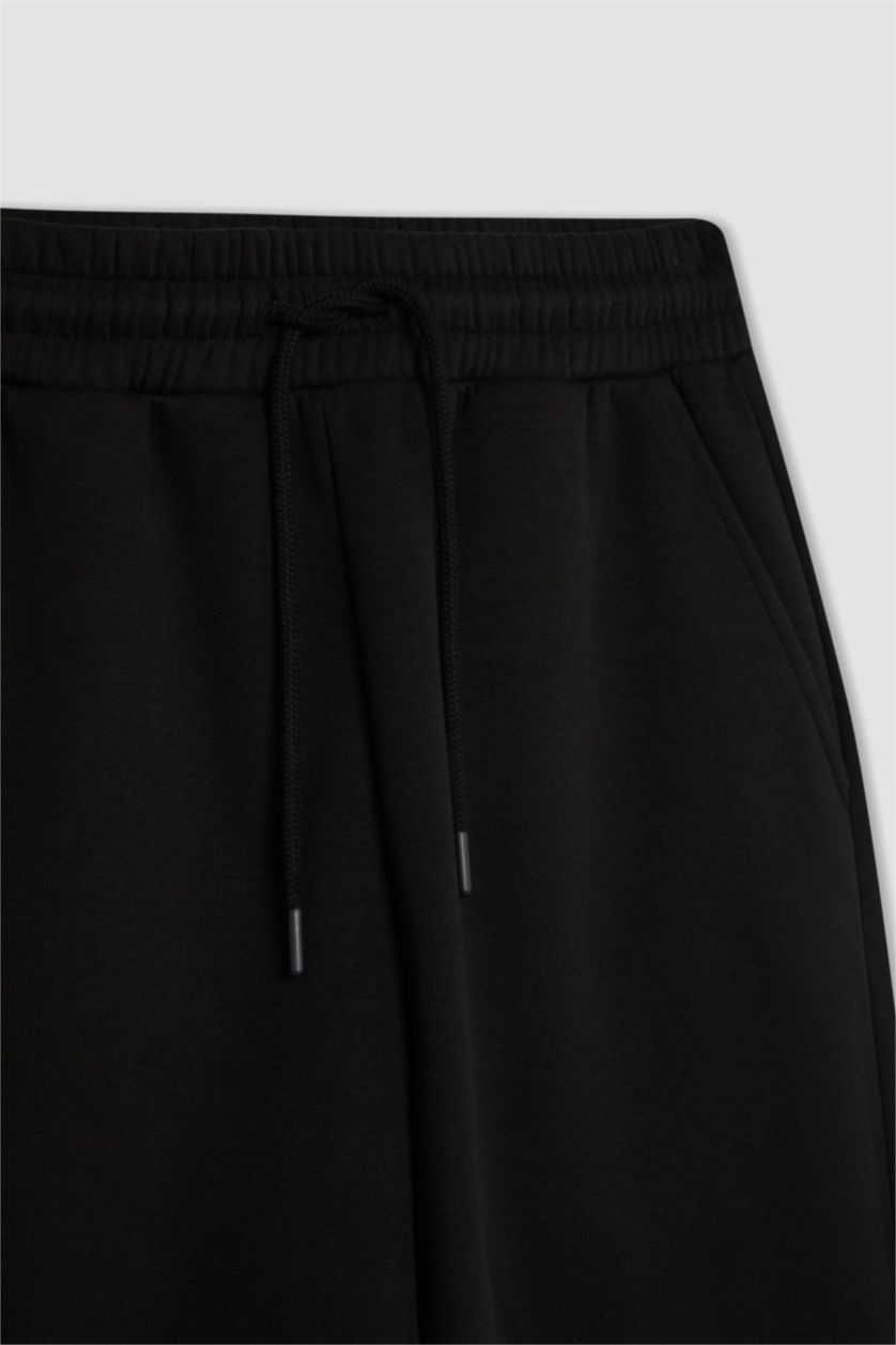 Kadın Siyah Standart Fit Kalın Jogger Eşofman Altı Bel Paça Lastikli Basıc Uzun Boy