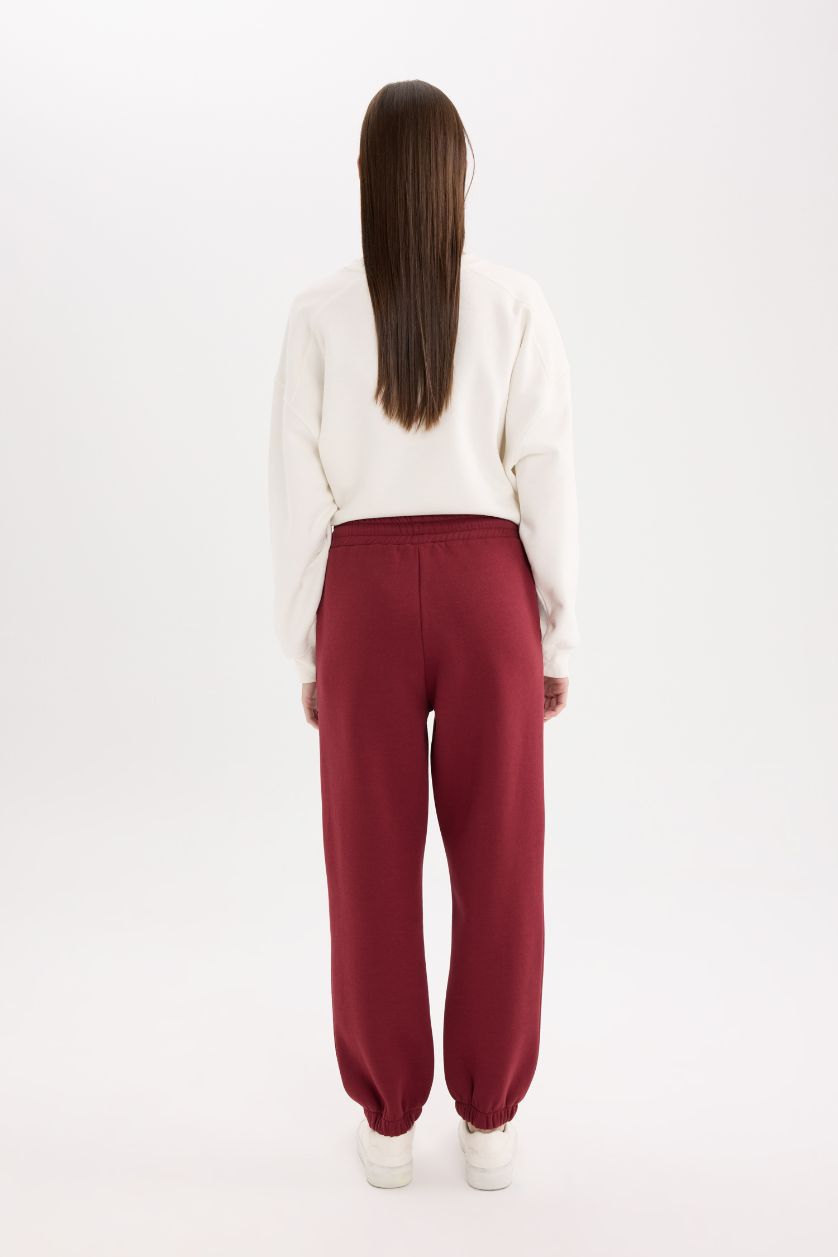 Kadın Bordo Standart Fit Kalın Jogger Eşofman Altı Bel Paça Lastikli Basic Düz Uzun Boy