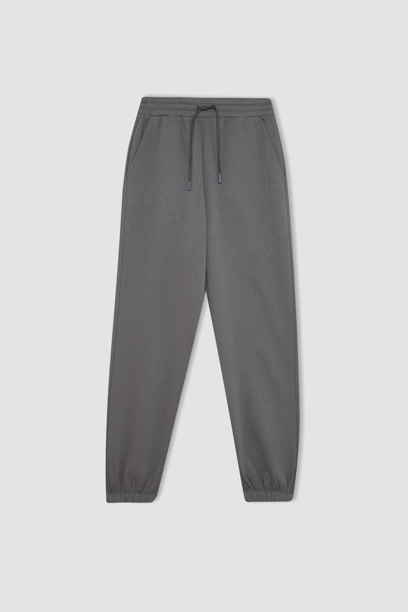 Kadın Gri Standart Fit Kalın Jogger Eşofman Altı Bel Paça Lastikli Basic Düz Uzun Boy