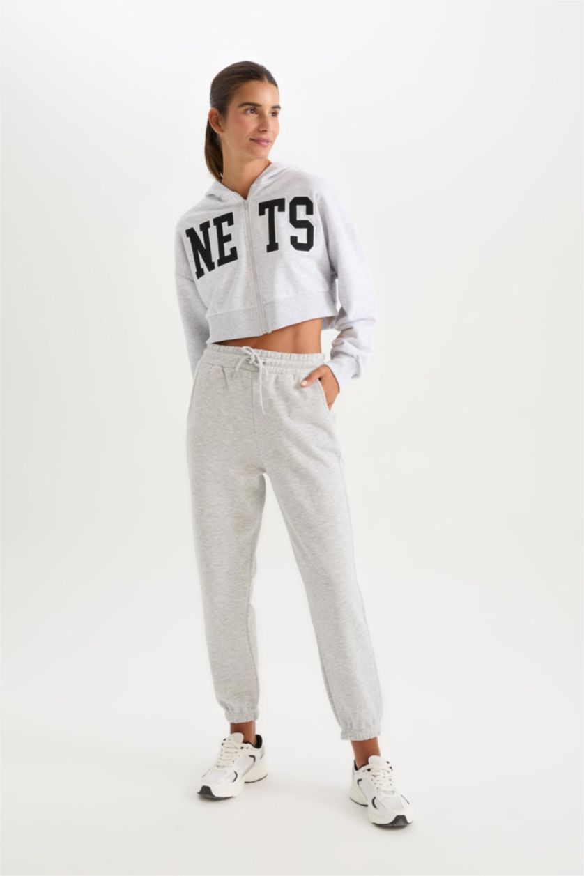 Women Grey Melange Standard Fit Elastic Waist Basic Thick Jogger Sweatpants