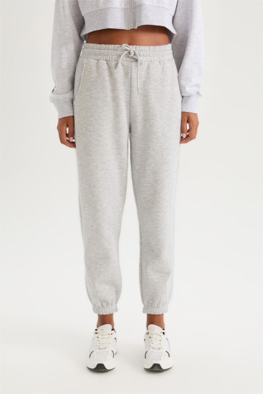 Women Grey Melange Standard Fit Elastic Waist Basic Thick Jogger Sweatpants