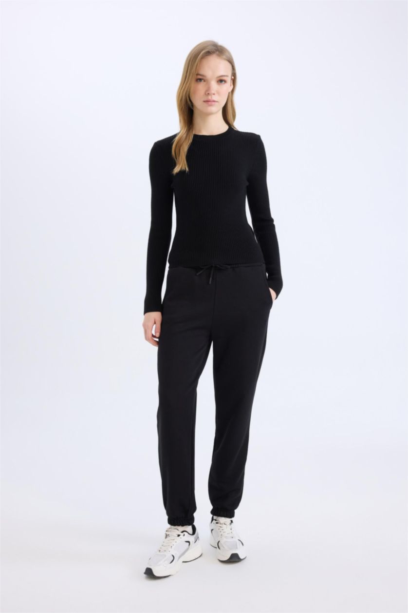 WOMAN Black Flexible Banded Leg Long Thick Fabric Joggers