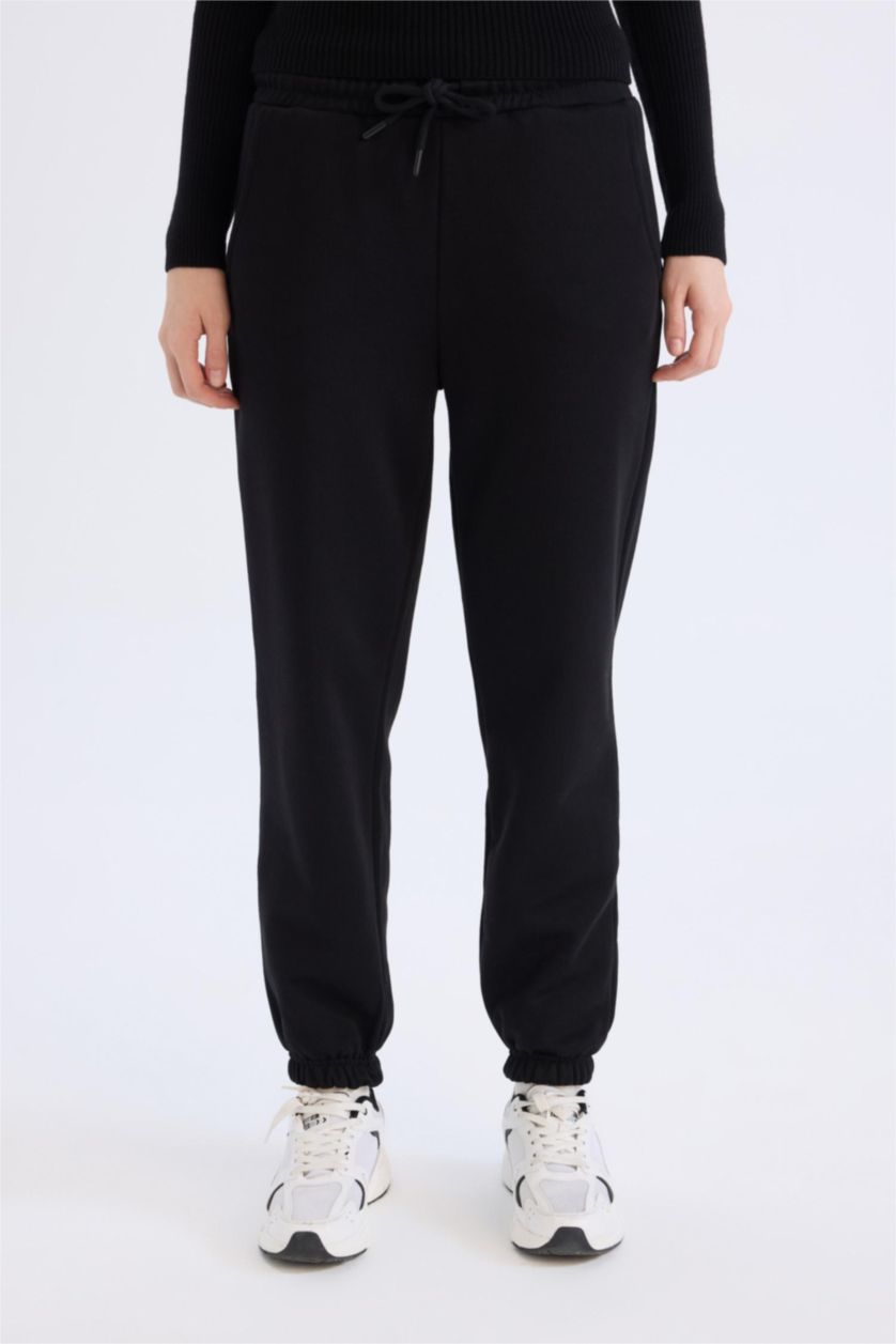 WOMAN Black Flexible Banded Leg Long Thick Fabric Joggers
