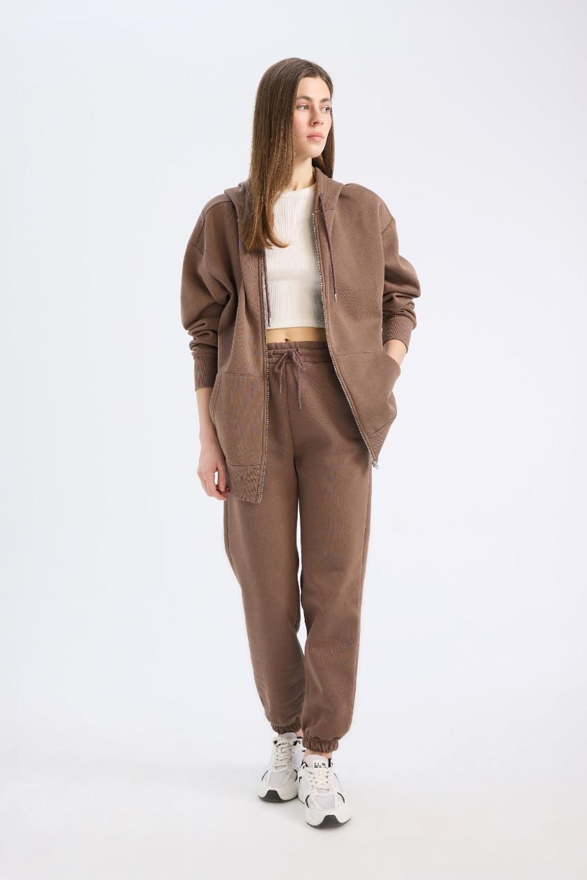 Kadın Kahve Standart Fit Kalın Jogger Eşofman Altı Bel Paça Lastikli Basic Düz Uzun Boy