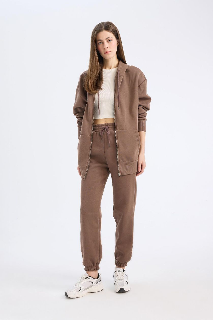 Kadın Kahve Standart Fit Kalın Jogger Eşofman Altı Bel Paça Lastikli Basic Düz Uzun Boy