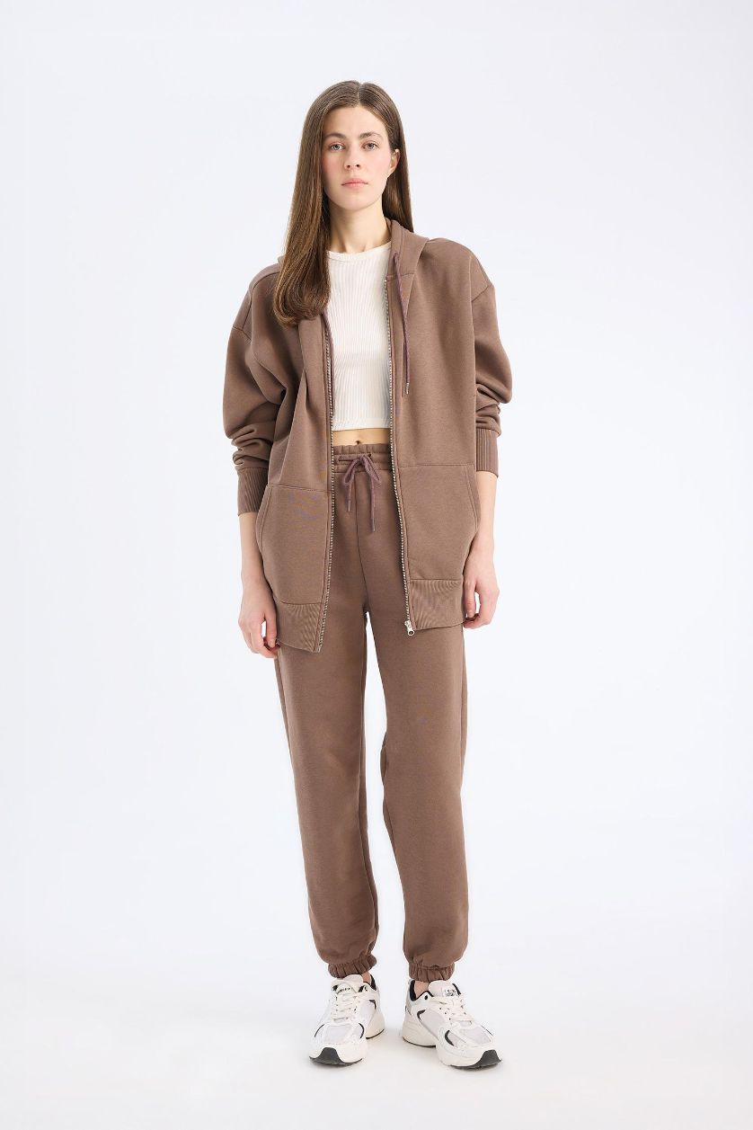 Kadın Kahve Standart Fit Kalın Jogger Eşofman Altı Bel Paça Lastikli Basic Düz Uzun Boy