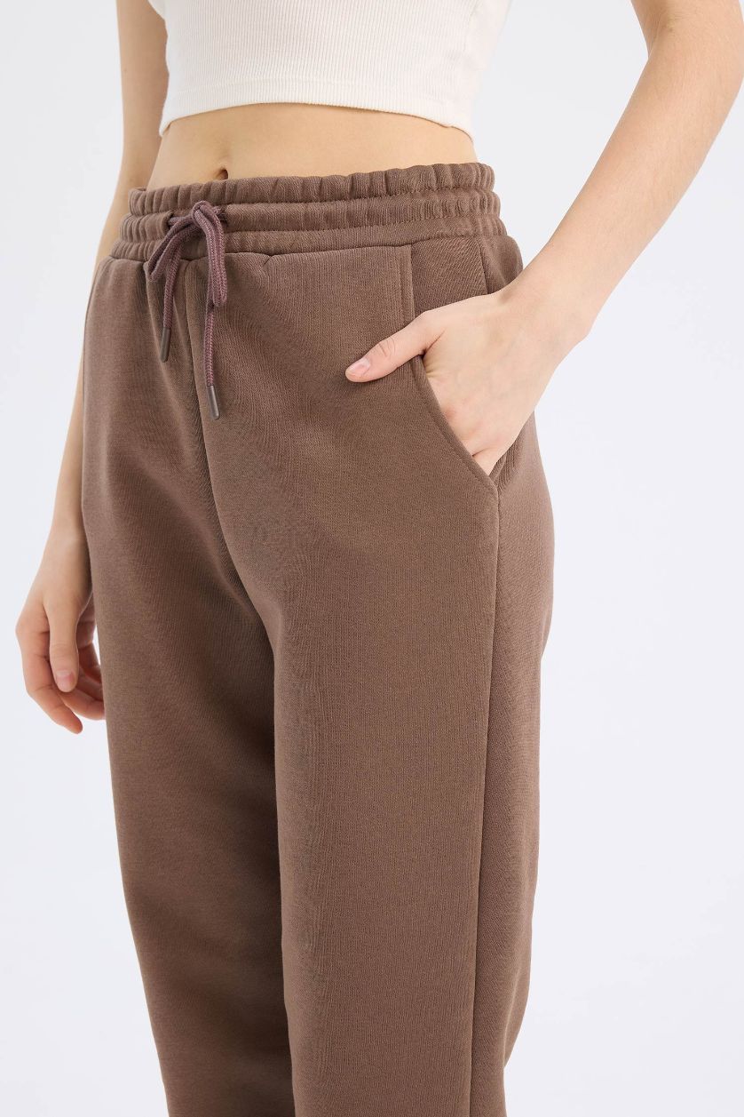 Kadın Kahve Standart Fit Kalın Jogger Eşofman Altı Bel Paça Lastikli Basic Düz Uzun Boy