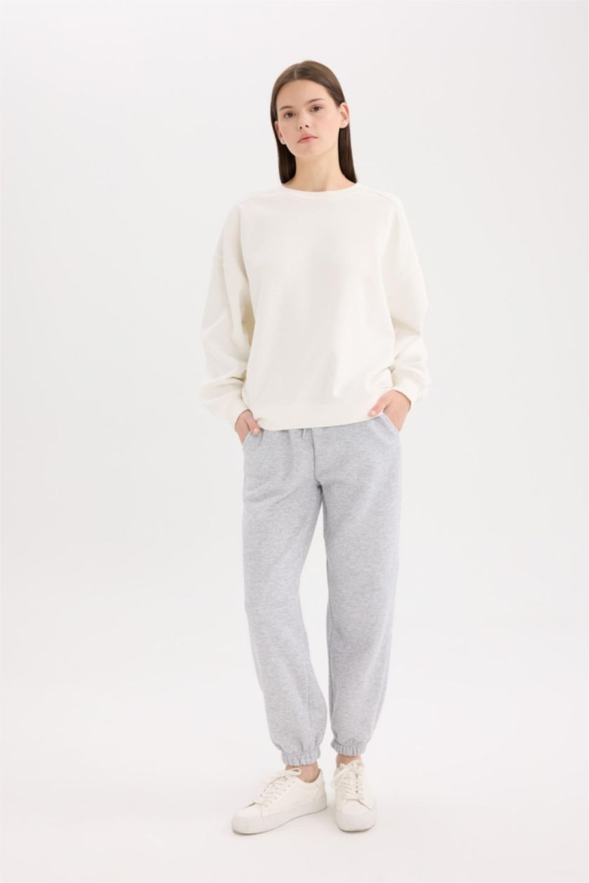 Women Grey Melange Standard Fit Elastic Waist Basic Thick Jogger Sweatpants