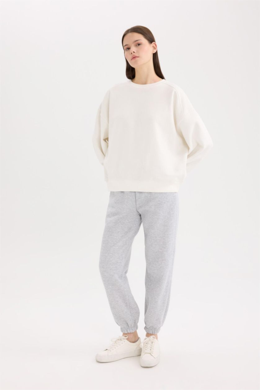 Women Grey Melange Standard Fit Elastic Waist Basic Thick Jogger Sweatpants