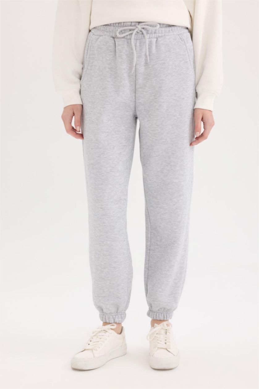 Women Grey Melange Standard Fit Elastic Waist Basic Thick Jogger Sweatpants