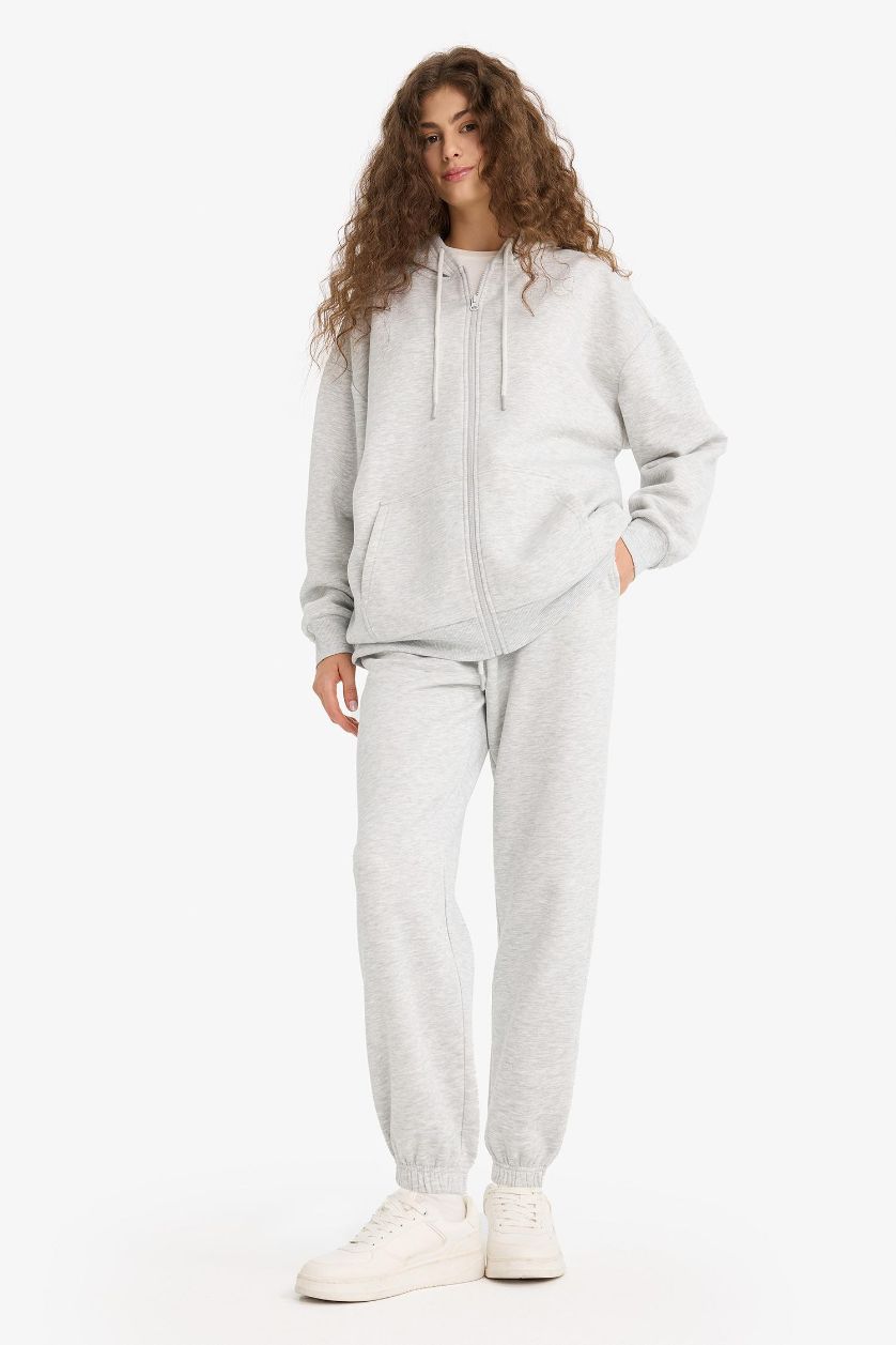 Kadın Gri Melanj 	Standart Fit Kalın Jogger Eşofman Altı Bel Paça Lastikli Basic Düz Uzun Boy