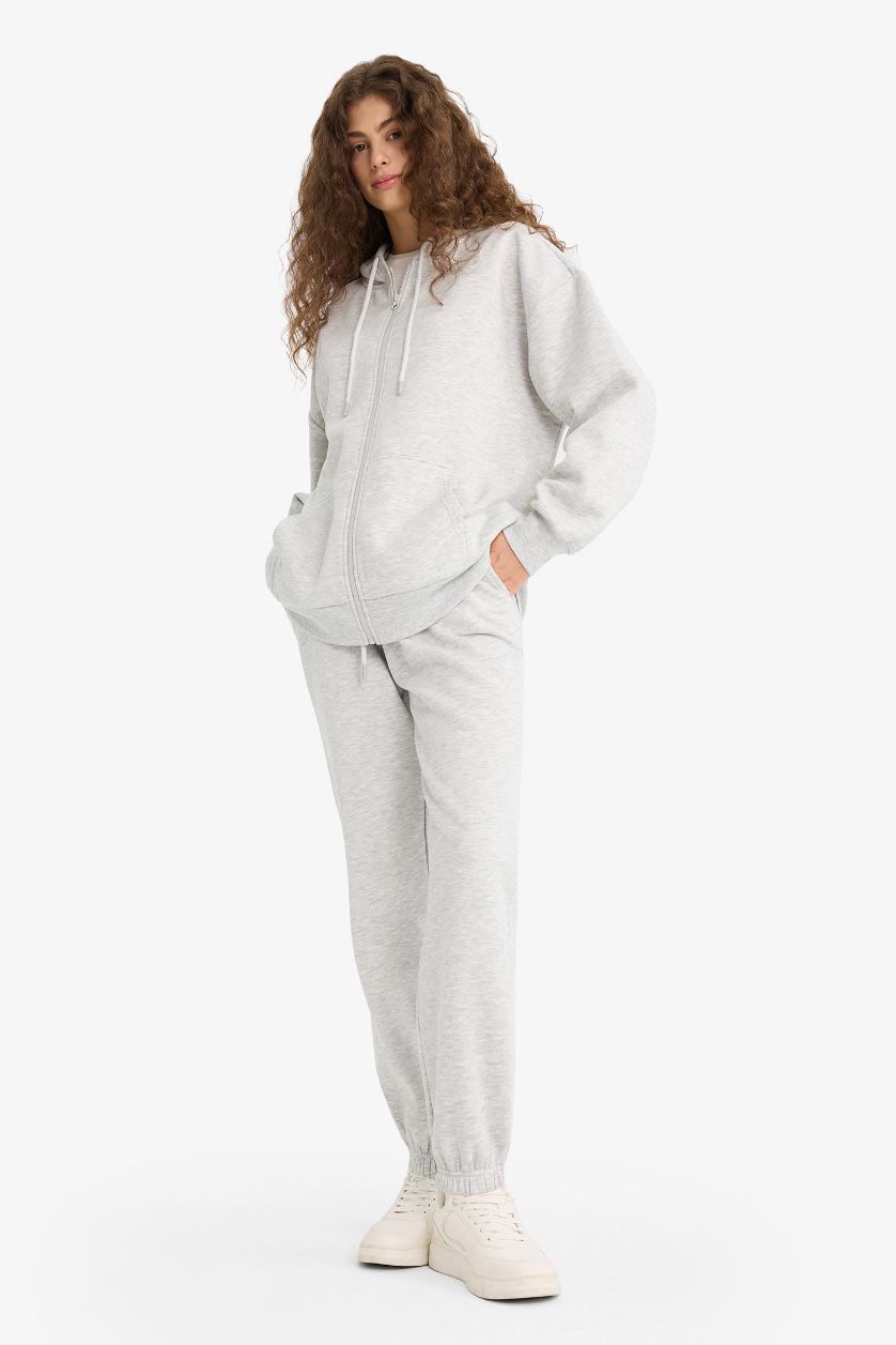 Kadın Gri Melanj 	Standart Fit Kalın Jogger Eşofman Altı Bel Paça Lastikli Basic Düz Uzun Boy