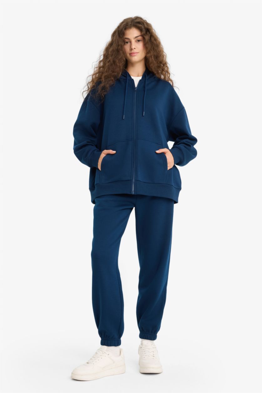 Woman NAVY Jogger Fit Elastic Banded Leg Thick Fabric Trousers