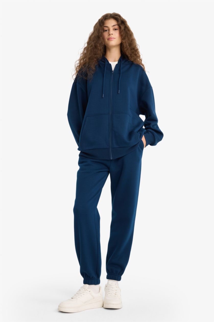 Woman NAVY Jogger Fit Elastic Banded Leg Thick Fabric Trousers
