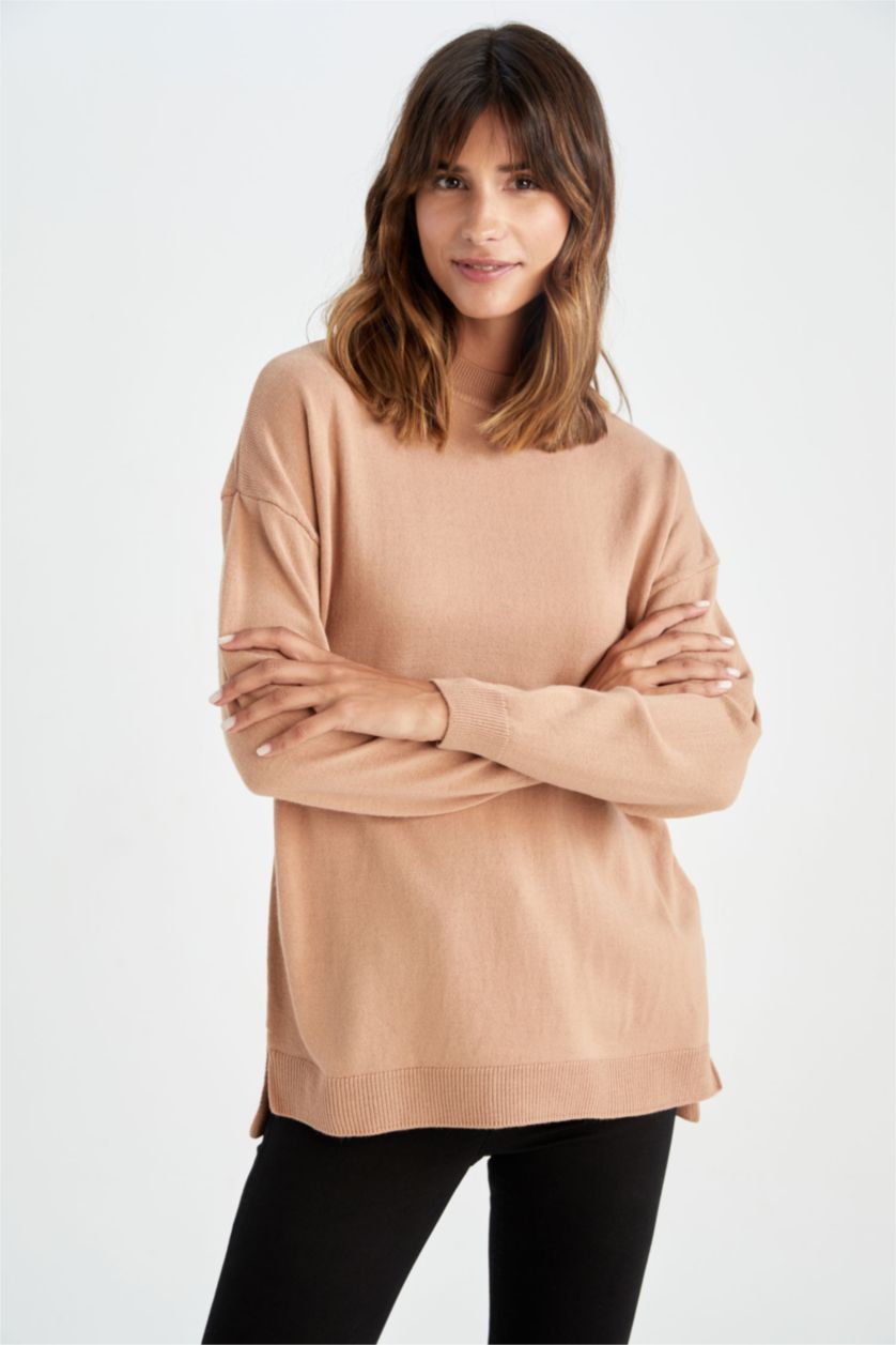 WOMAN Beige Regular Fit Half Turtleneck Tunic