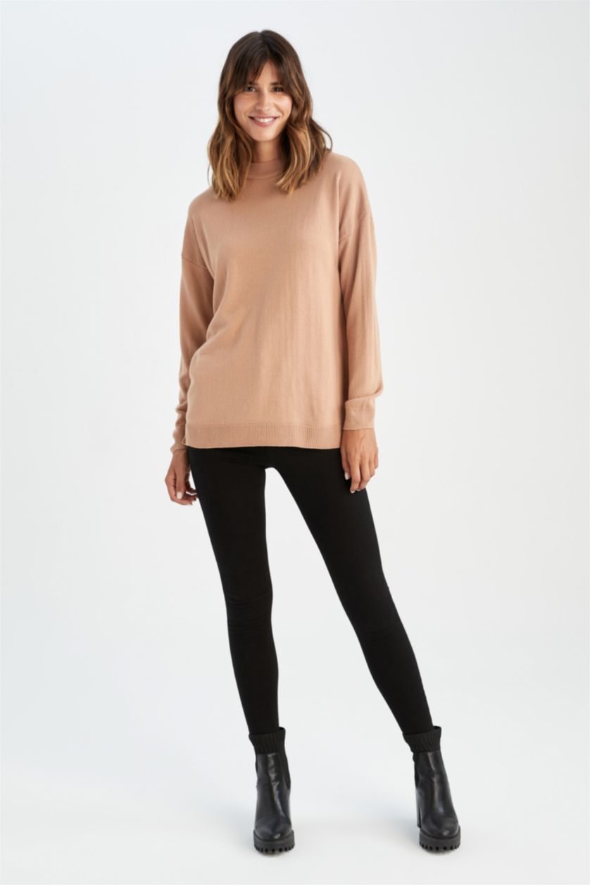 WOMAN Beige Regular Fit Half Turtleneck Tunic