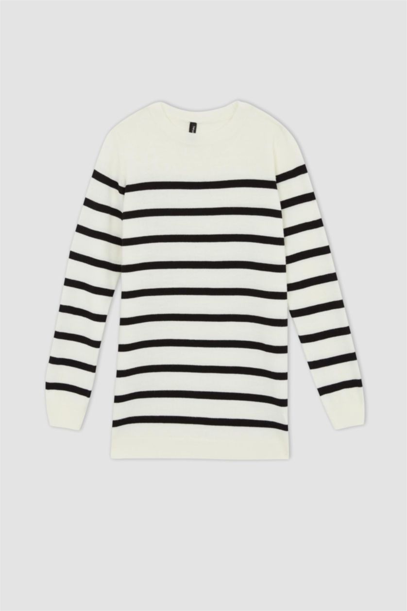 FEMME Écru Pull tunique en tricot rayé à col rond et coupe décontractée