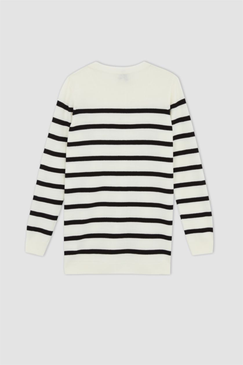 FEMME Écru Pull tunique en tricot rayé à col rond et coupe décontractée