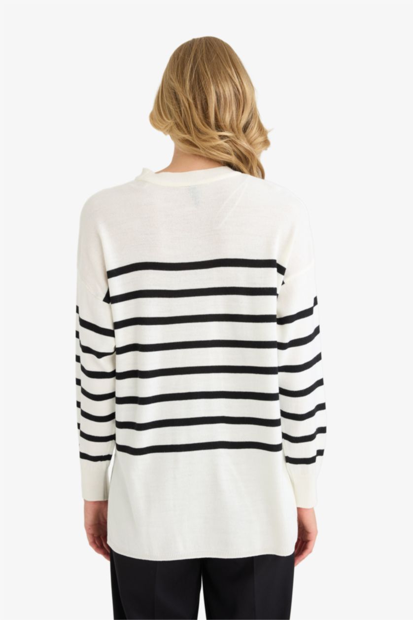 Kadın Ekru Relax Fit Çizgili Bisiklet Yaka Triko Kazak Tunik
