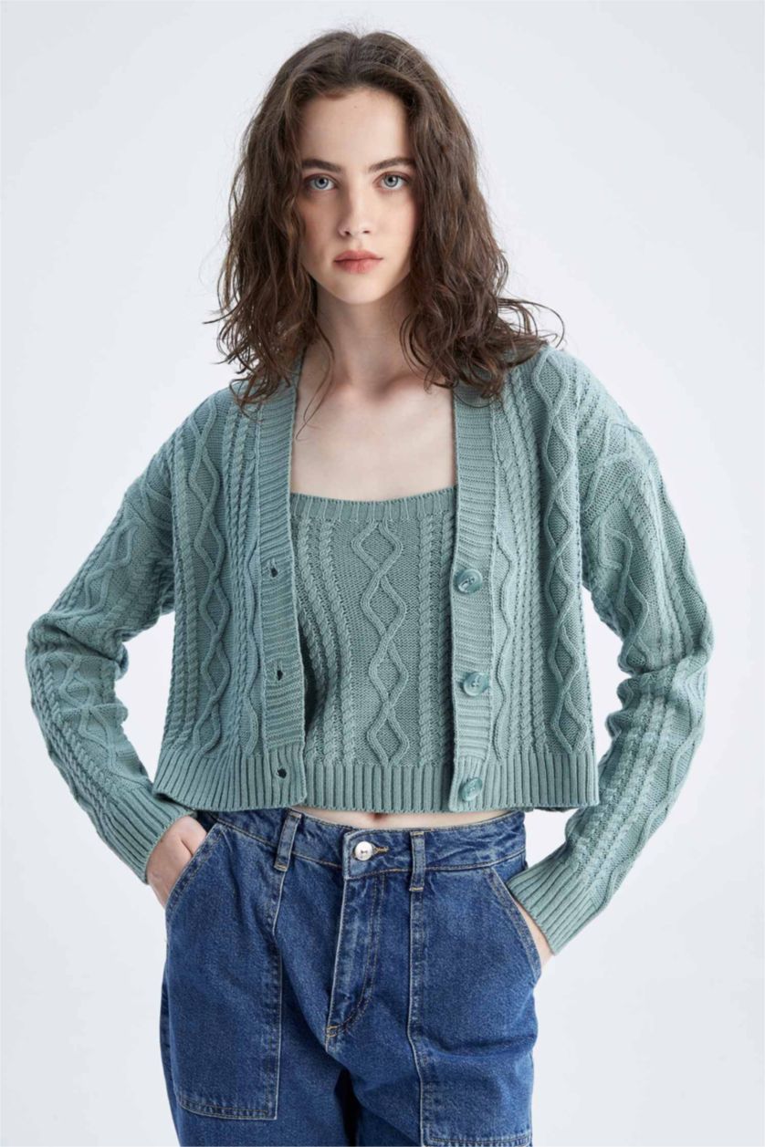 FEMME Vert Clair Cardigan boutonné à col en V coupe classique