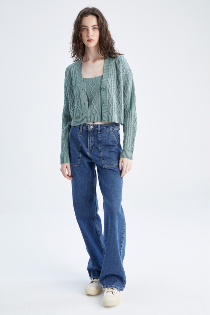 FEMME Vert Clair Cardigan boutonné à col en V coupe classique