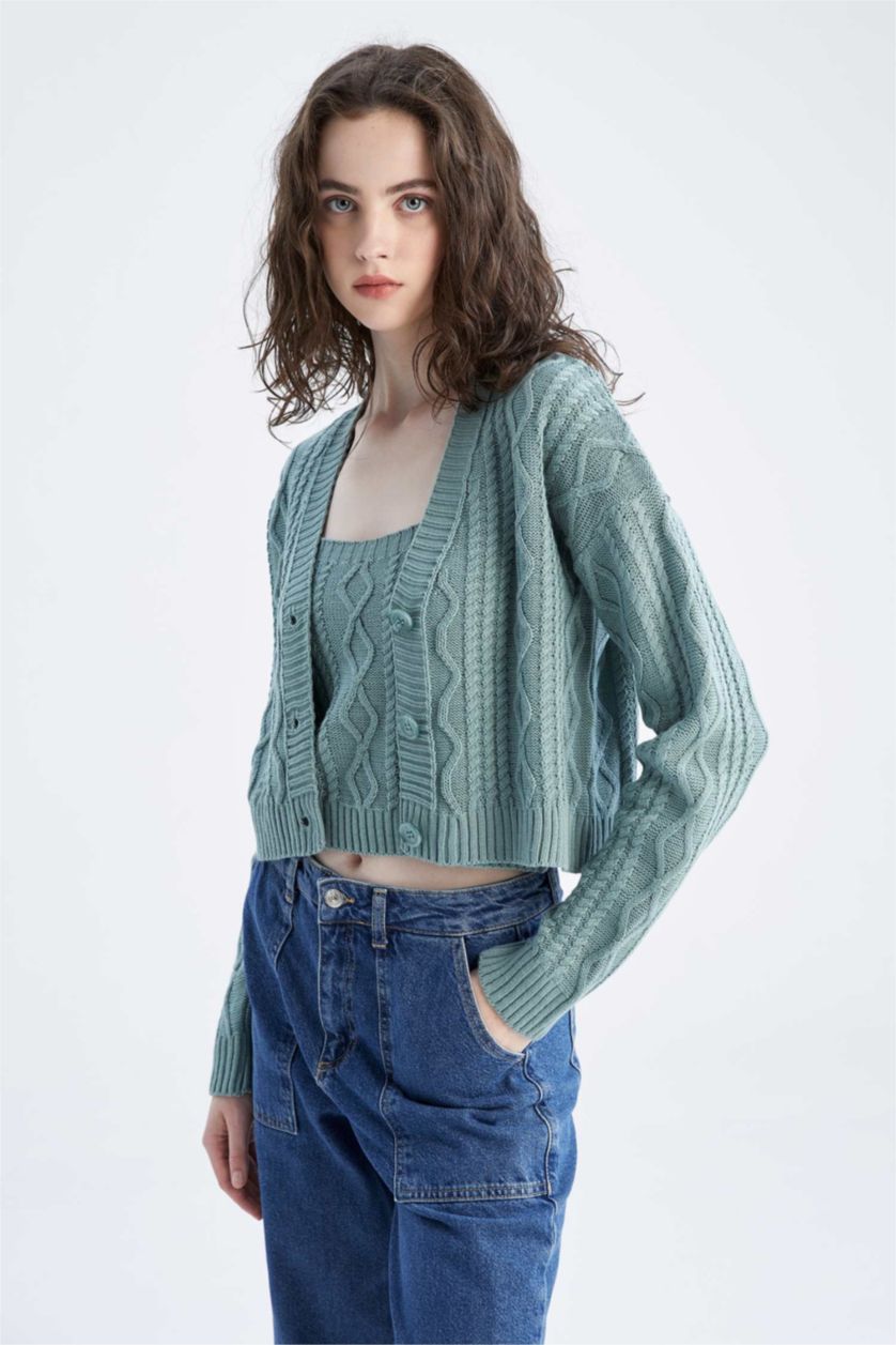 FEMME Vert Clair Cardigan boutonné à col en V coupe classique