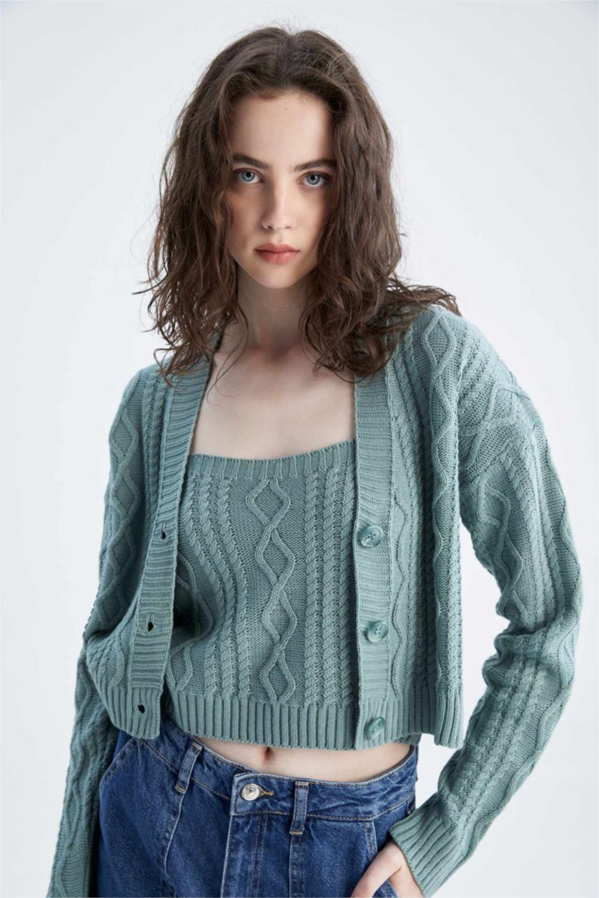 FEMME Vert Clair Cardigan boutonné à col en V coupe classique