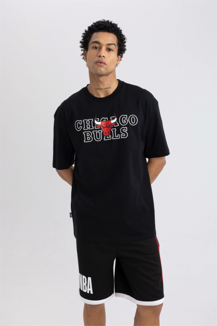 HOMME Noir T-Shirt Oversize Imprimé Manches Courtes Col Rond de NBA Chicago Bulls DefactoFit