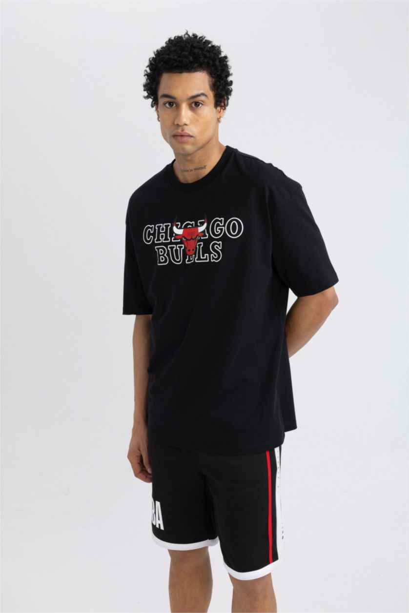 HOMME Noir T-Shirt Oversize Imprimé Manches Courtes Col Rond de NBA Chicago Bulls DefactoFit
